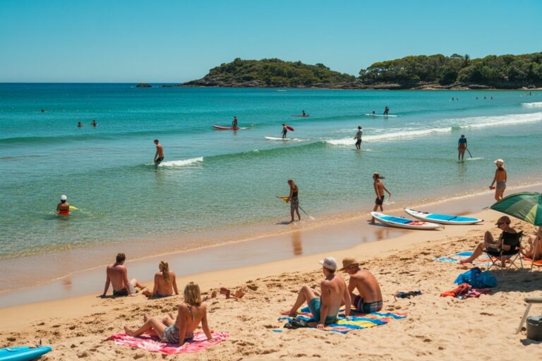 Busy beach scene with swimmers and paddleboarders along turquoise water and a tree-covered headland in the distance.