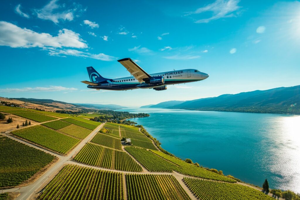 Airplane flying over a vineyard by a wide blue lake with mountains in the distance.
