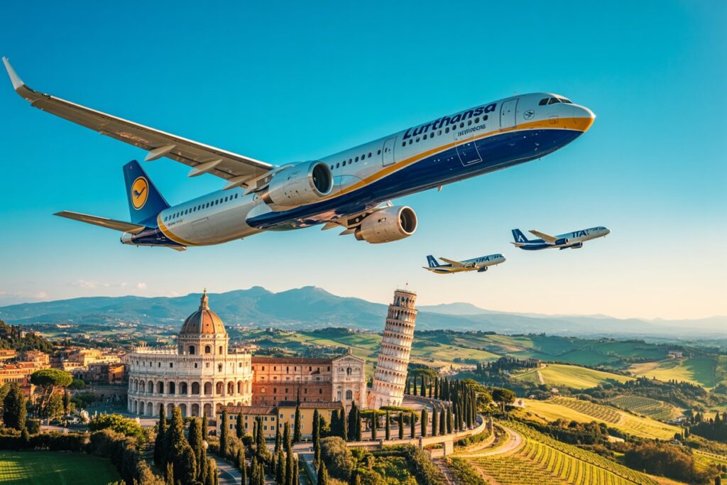 Lufthansa airliner flies over the Leaning Tower of Pisa and the cathedral in a sunny Italian landscape with rolling hills in the background