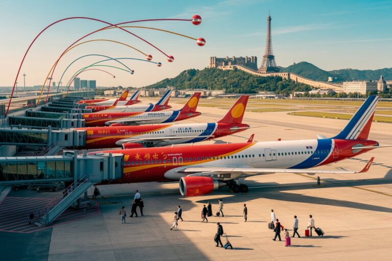 Airport tarmac with several colorful airplanes docked at jet bridges, passengers walking with luggage, and the Eiffel Tower visible on a hill in the background.