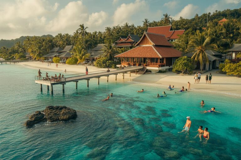Turquoise ocean at a tropical beach with a wooden pier leading to a resort, and people swimming on the white sand.