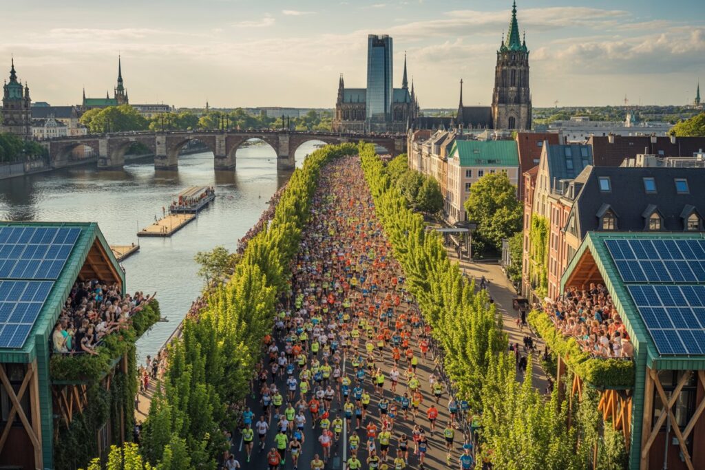 Massive city marathon along a tree-lined riverfront street, with crowds cheering and historic bridges in the background.