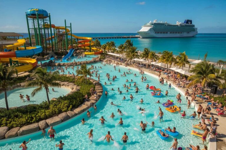 A crowded tropical water park with colorful twisting slides, a large pool, palm trees, and a cruise ship docked off a sandy beach