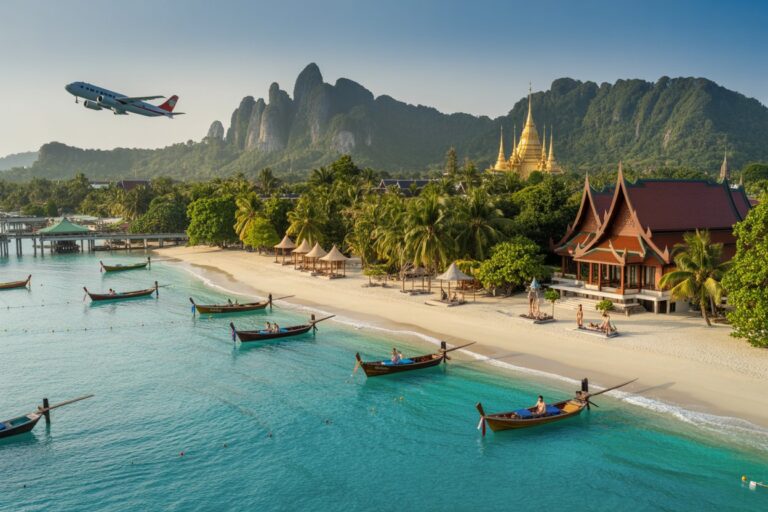Turquoise-water beach with long-tail boats near palm trees and a golden temple against rocky mountains in the distance, Thailand-like scene.