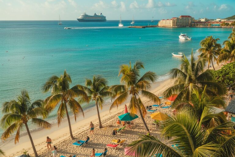 Tropical beach with palm trees, turquoise water, and colorful umbrellas; a cruise ship and boats offshore.
