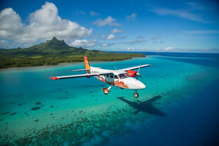 Small white-and-red propeller plane flies over a turquoise tropical lagoon with a green island and mountains in the distance, under a blue sky.