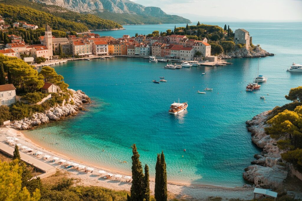 Mediterranean coastal town with colorful orange-roofed buildings along a turquoise bay, boats anchored in the harbor, and a sandy beach.