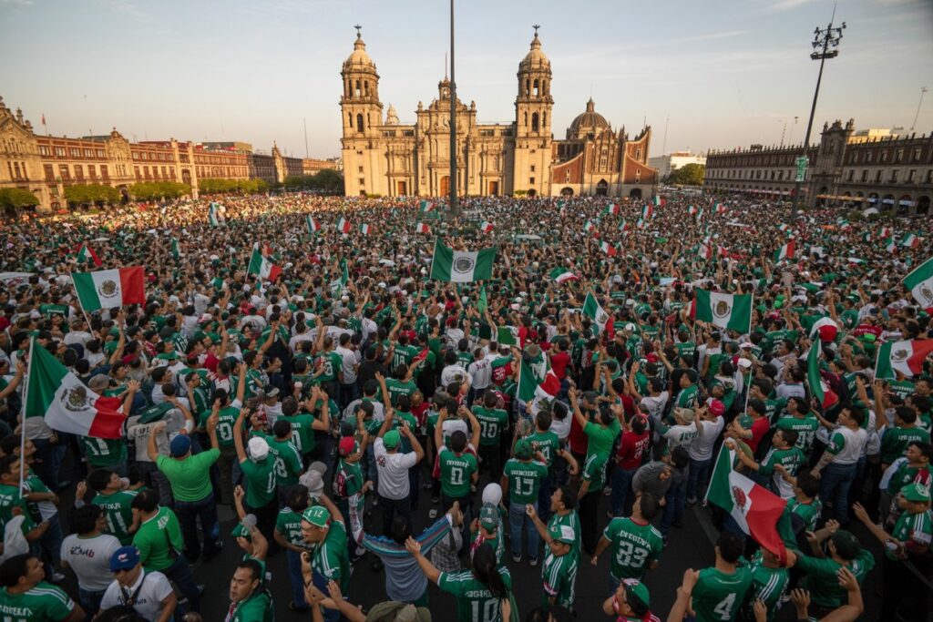 Huge crowd in Zócalo, Mexico City, waving Mexican flags and wearing green jerseys, with the Metropolitan Cathedral in the background.
