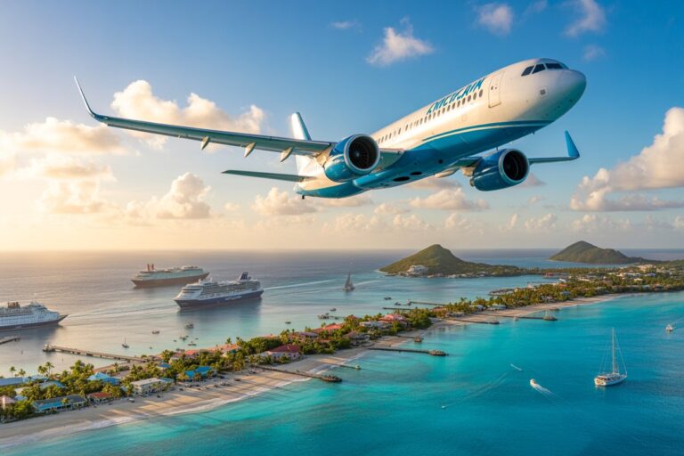 Airplane flying low over tropical island with turquoise water and cruise ships in the harbor during sunset/late afternoon light, vacation scene.