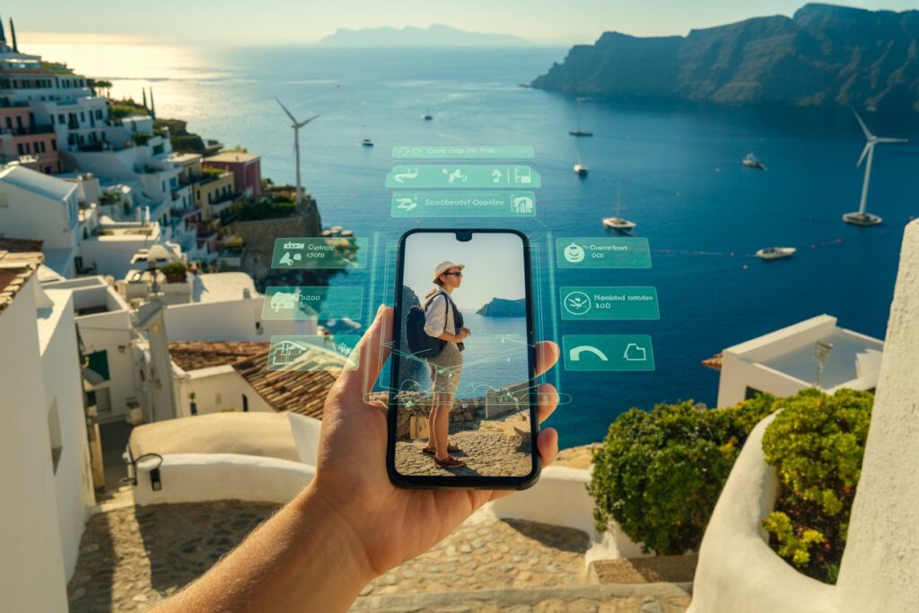 Person holding a smartphone showing a traveler photo with augmented reality holographic icons over a sunny coastal town and sea backdrop.