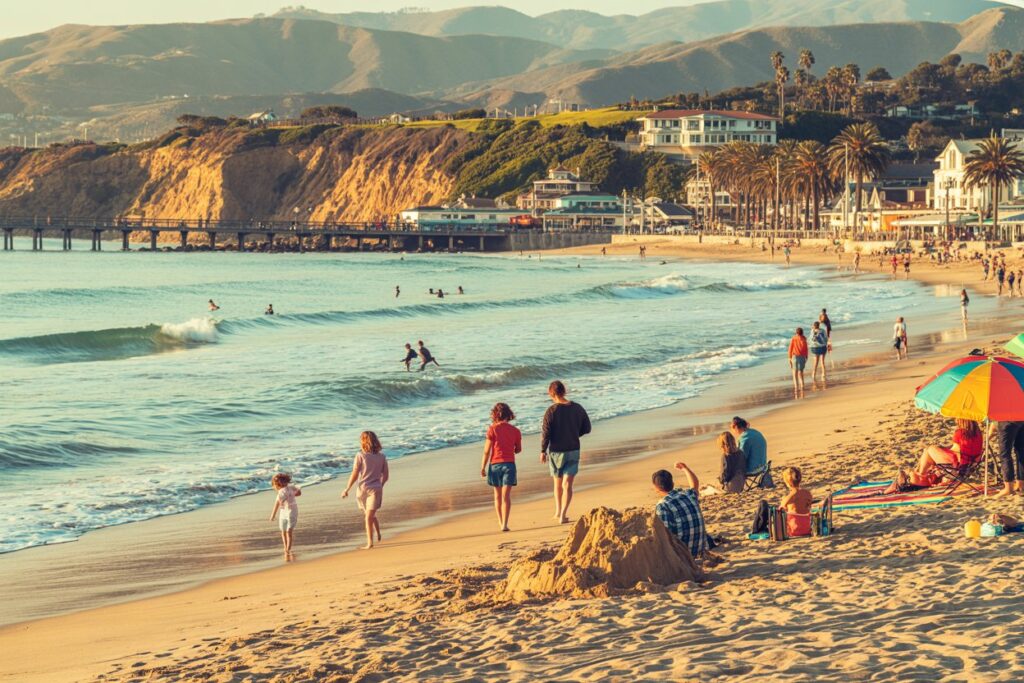 Families walk along a sunny sandy beach as gentle waves roll in, a colorful umbrella planted in the sand nearby and a distant pier and palm-lined buildings in the background.