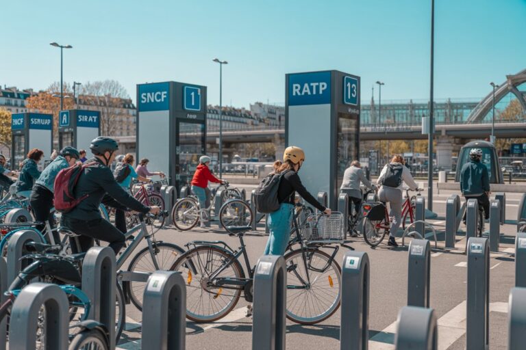 Crowded bike-dock area with riders passing through; large blue SNCF and RATP signs in the background.