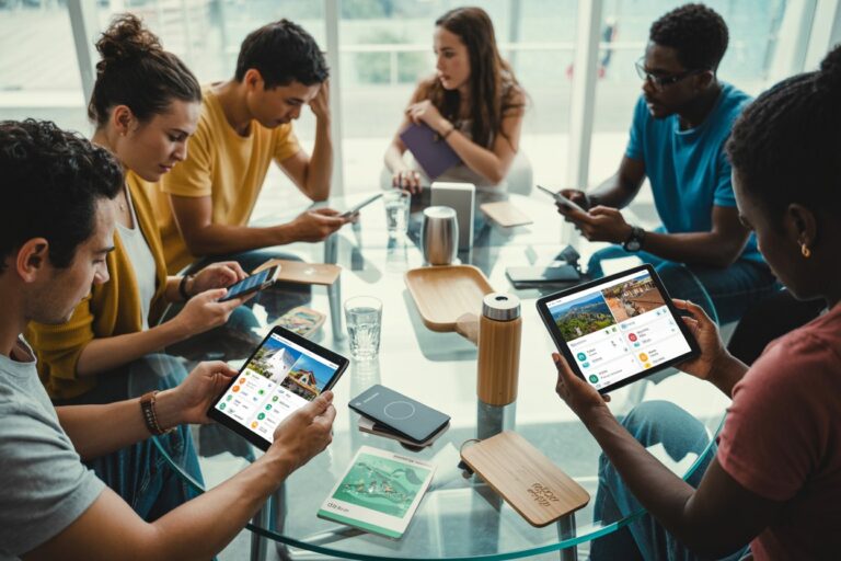 Group of diverse young adults seated around a glass table, each using a tablet or smartphone.