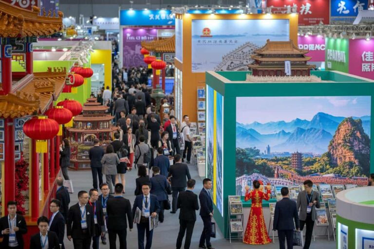 Busy trade show hall with Chinese architectural displays, red lanterns, and attendees in suits.