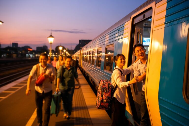 Two travelers smile as they board a bright blue train at sunset, backpacks and luggage in hand on a station platform.