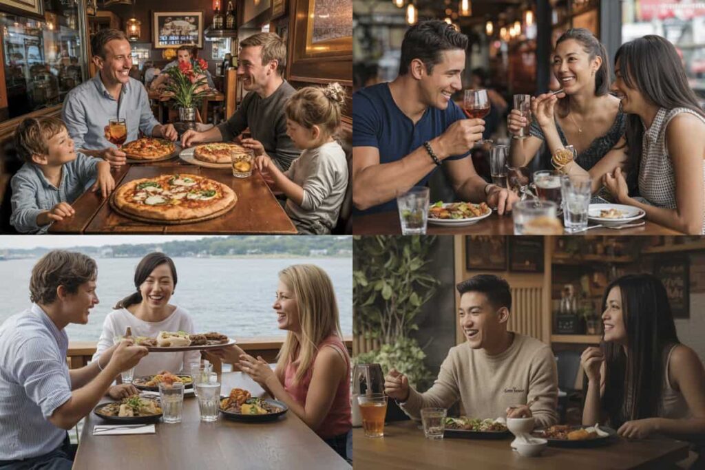 Family at a pizza restaurant sharing large pizzas with two children and two adults smiling at the table in a cozy setting.