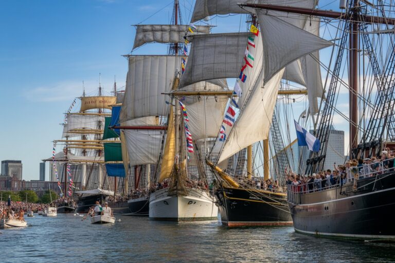 Row of historic sailing ships with tall masts docked along a harbor, crowds aboard and along the pier.