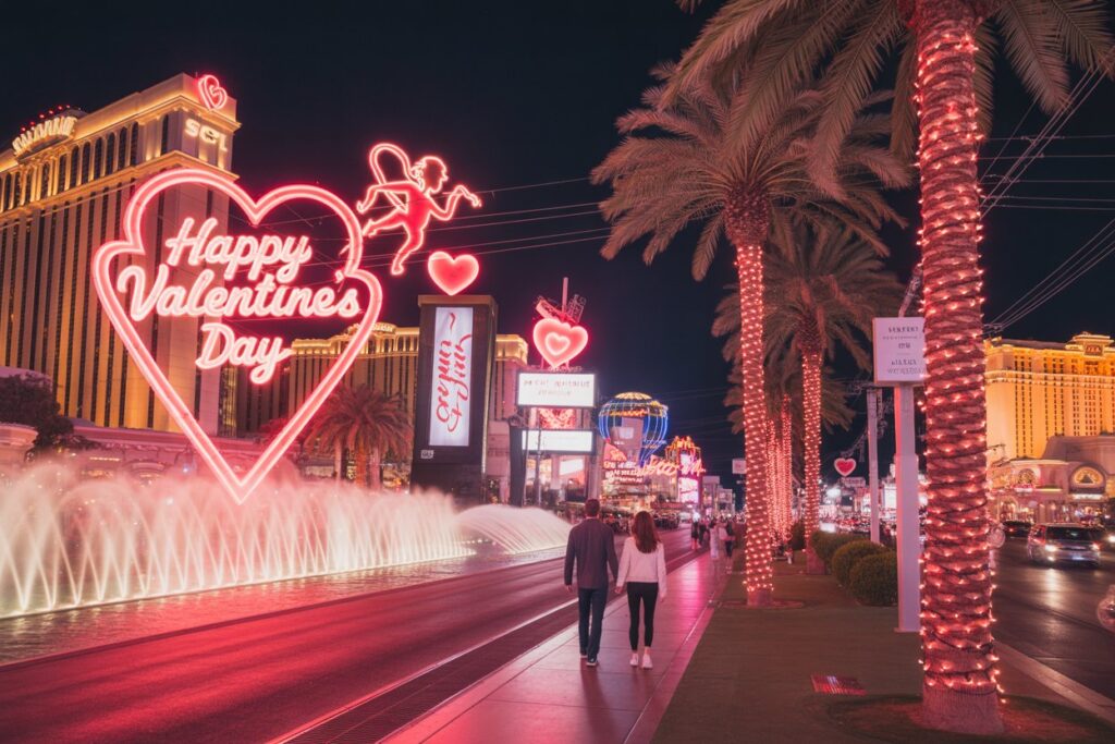 Couple walking on the Las Vegas Strip at night beneath a large pink neon 'Happy ValentineDay' heart display near a lit fountain and palm trees.