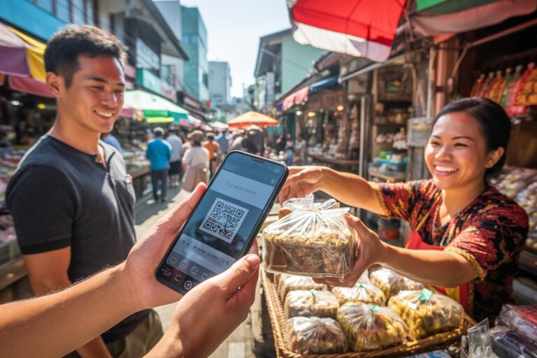 Market shopper pays with a QR code on their phone as the vendor hands over a bag of snacks at a busy outdoor market stall​.