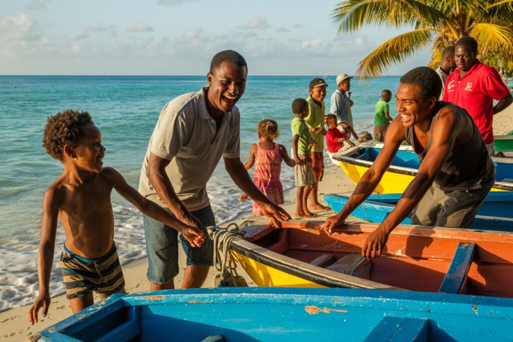 People on a sunny beach preparing colorful boats for a fishing trip, laughing and helping each other as the sea lappers the shore.