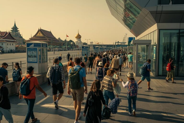 Crowd of pedestrians walking along a wide city sidewalk beside a modern glass building with distant traditional rooftops.