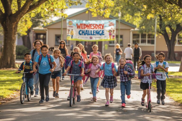 Children with backpacks run toward the camera on a sunny school campus, banner in background reading 'Wednesday Challenge'.