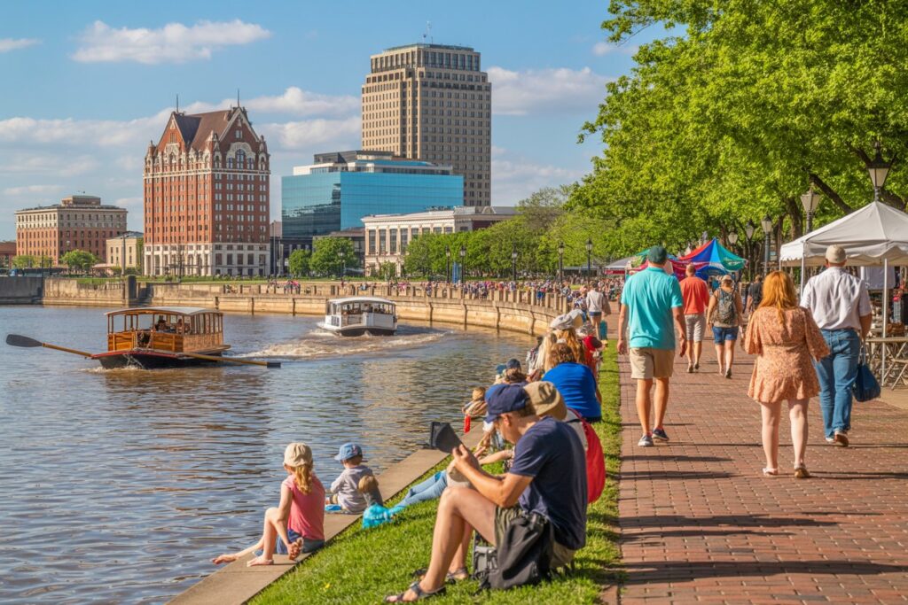 Families and friends sit and stroll along a brick riverside promenade, with boats on the water and a city skyline in the distance.