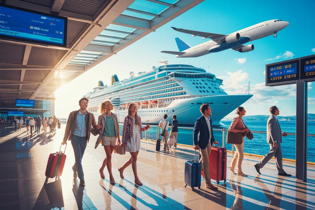 Travelers with rolling suitcases walk through a sunny airport terminal with a cruise ship docked outside and a plane overhead in the sky.
