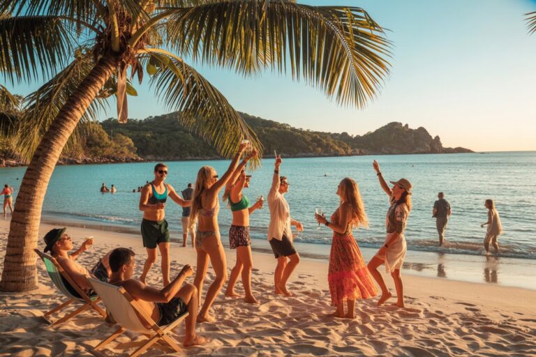 Group of friends dancing and raising drinks on a sunny beach under palm trees by the water at sunset, holiday vibes.