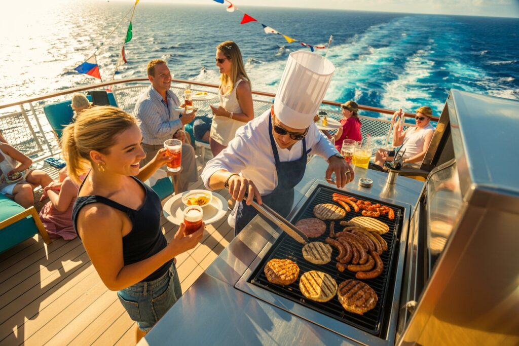People on a cruise deck grilling burgers and sausages while others socialize with drinks, ocean in the background
