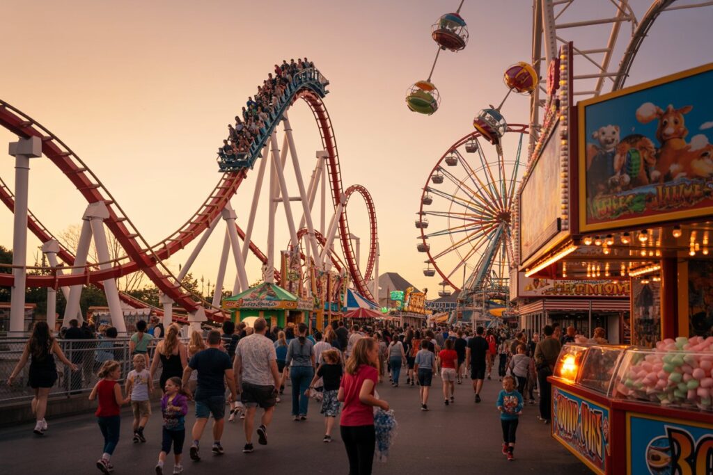 Bustling carnival at sunset with a large roller coaster, a colorful Ferris wheel, and crowds walking along the midway near souvenir stalls and games.
