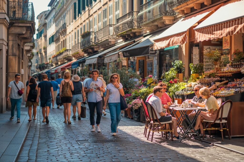 Cobbled street in a sunny city with outdoor café seating and passersby browsing a flower stall in the background.