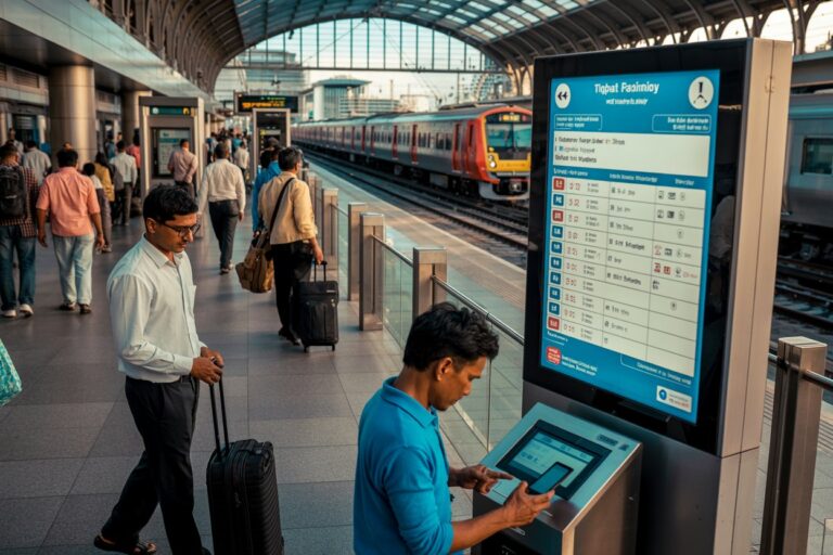 Man in a blue shirt using a self-service ticket kiosk beside a large train timetable on a busy station platform.