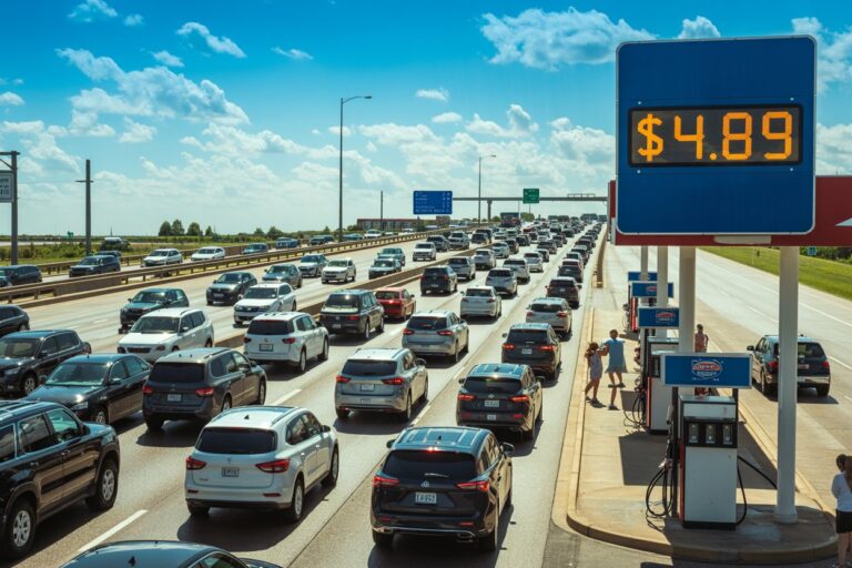Highway filled with traffic near a large blue price sign showing $4.89 at a gas station pump area on the right.