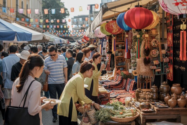 Crowded outdoor market street lined with colorful lanterns and stalls selling textiles, pottery, and vegetables.