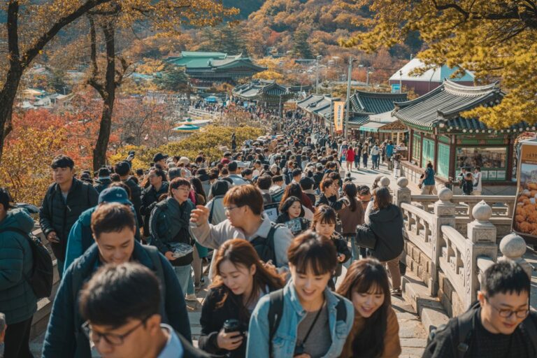 Crowded temple walkway during autumn foliage with traditional roofs and stone railing.