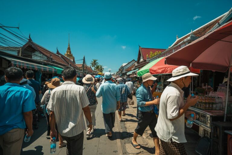 Crowded outdoor market street with stalls under colorful umbrellas and shoppers wearing hats and light clothes.