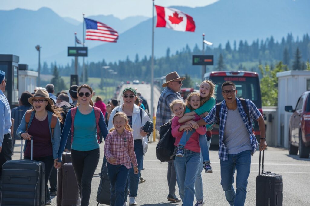 Group of travelers with rolling suitcases walking toward camera, flags overhead, mountains in the background.