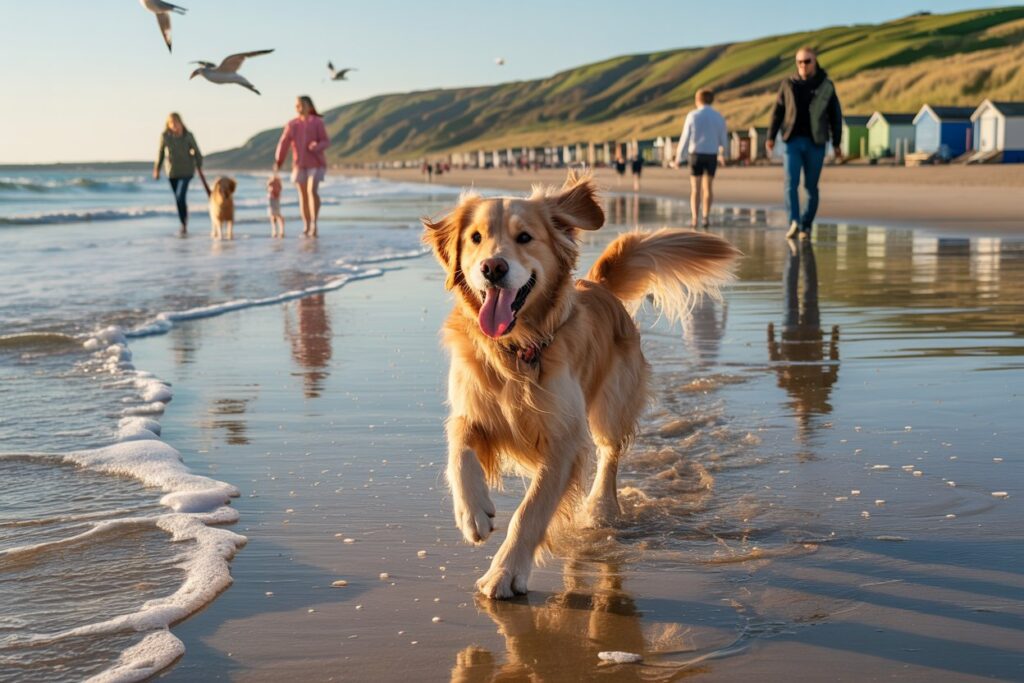 Golden retriever running toward the camera on a wet beach, waves at the shore, with people walking dogs and seafront houses in the background during sunset.