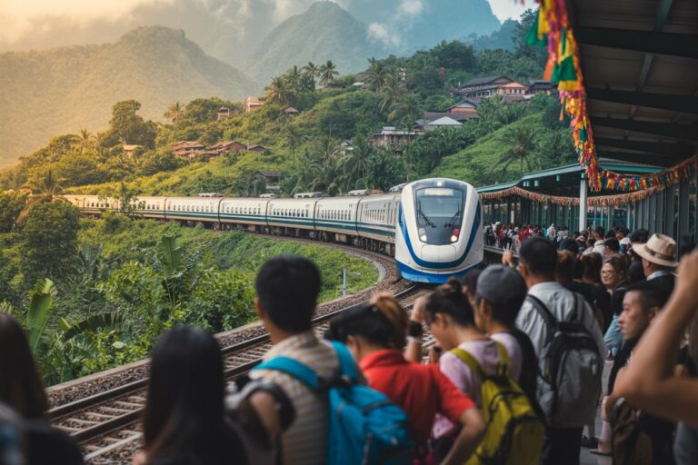 A sleek blue-and-white train arrives at a crowded hillside station, with travelers wearing backpacks on the platform amid lush tropical scenery and palm trees.