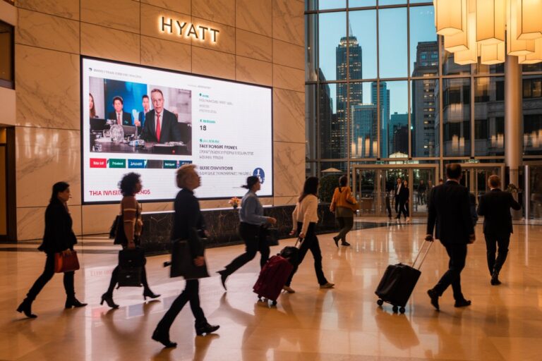 Hotel lobby at Hyatt with a large digital screen on a marble wall and travelers pulling wheeled luggage in a busy scene.