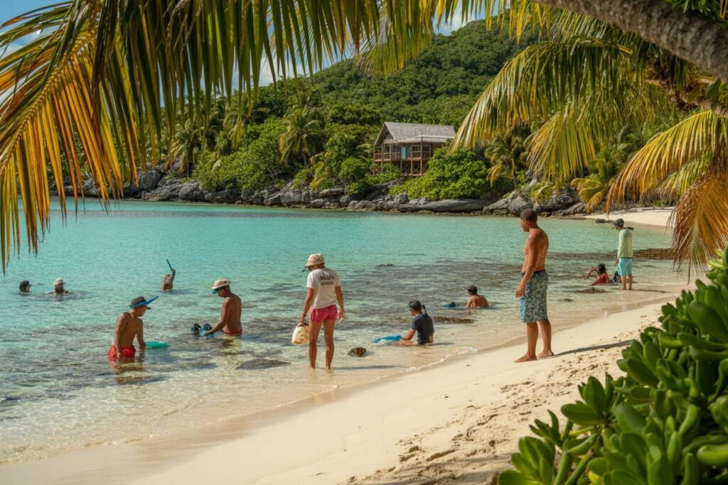 Tropical beach scene with turquoise water, palm-fringed shore, and people wading and playing in the shallow water.