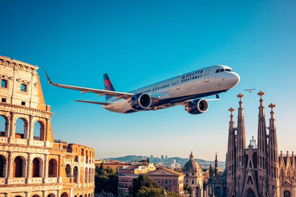 Delta airplane flying low over a city skyline with a large ancient amphitheater on the left and tall Gothic spires on the right, daylight clear sky.