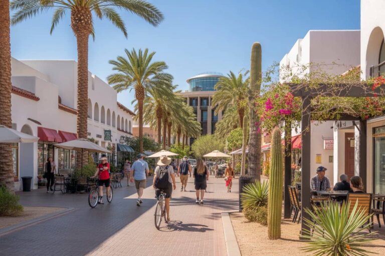Sunny pedestrian street with palm trees, outdoor cafes, and people biking and walking.