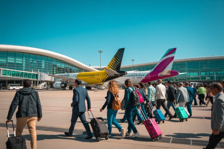 Group of travelers with rolling suitcases walking toward parked commercial airplanes at a modern airport terminal.