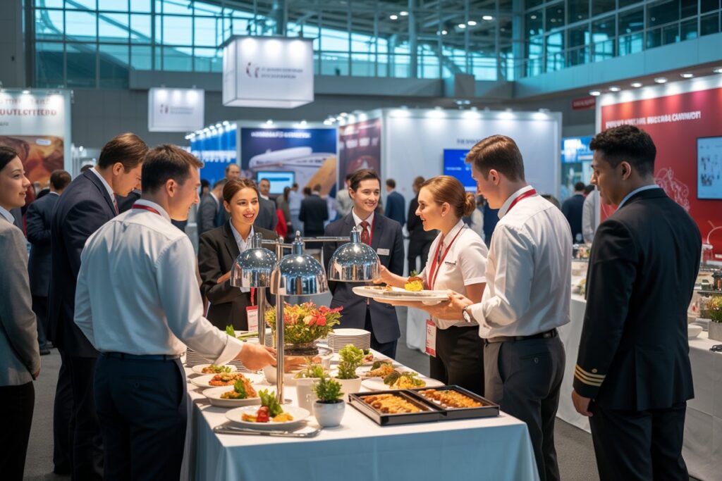 Business professionals mingle around a conference buffet, sampling plated dishes at a trade show. Rest of the hall with booths in the background.