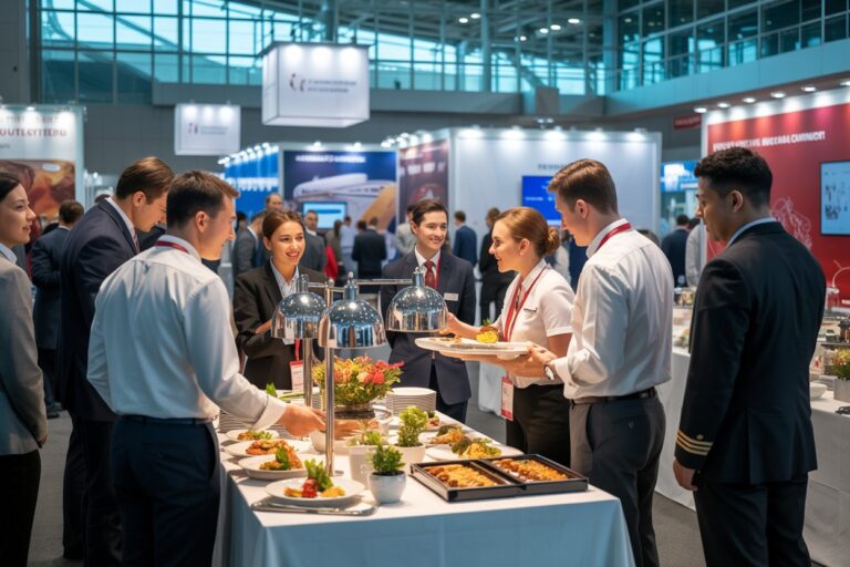 Business professionals mingle around a conference buffet, sampling plated dishes at a trade show. Rest of the hall with booths in the background.