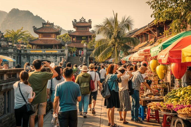 Crowded street market beside a pagoda-style temple bridge on a sunny day, with colorful stalls and fruit vendor stands.