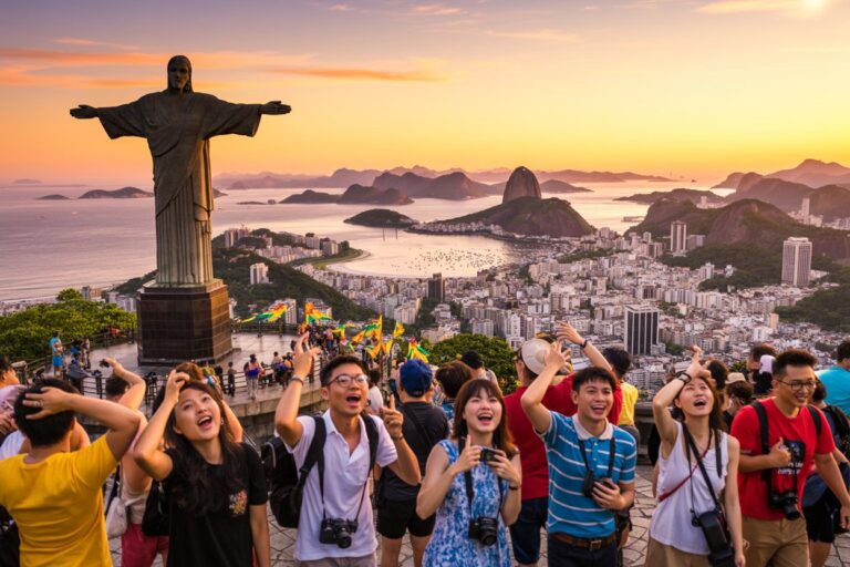 Tourists posing for photos at a hilltop viewpoint with the Christ the Redeemer statue and Rio’s bay at sunset.