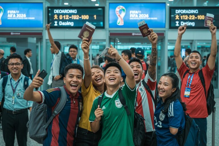 Group of friends in an airport terminal pose for a selfie, holding passports and wearing team jerseys with backpacks nearby.